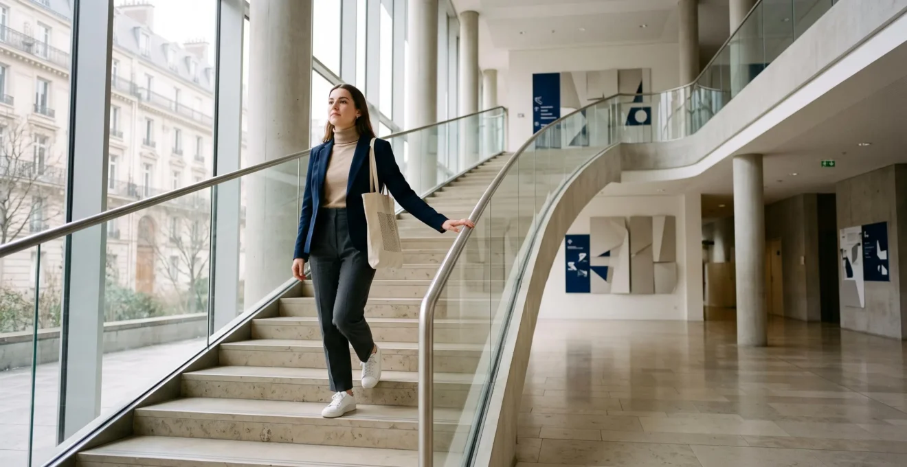 Jeune diplome francais gravissant un escalier symbolisant la transition d'un Bac+2 vers une grande ecole de commerce ou d'ingenieurs