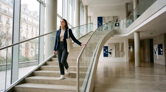 Jeune diplome francais gravissant un escalier symbolisant la transition d'un Bac+2 vers une grande ecole de commerce ou d'ingenieurs