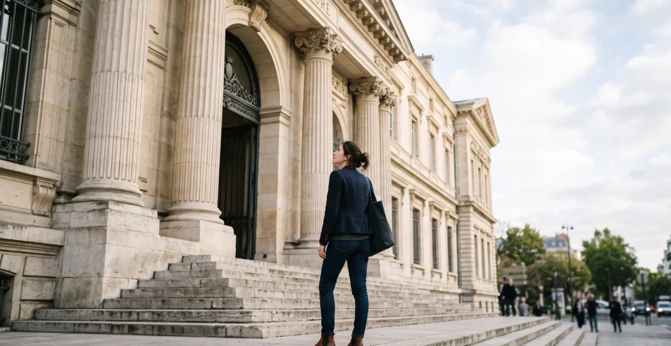 Un candidat confiant se tenant devant un batiment administratif francais avant de passer un concours de la fonction publique