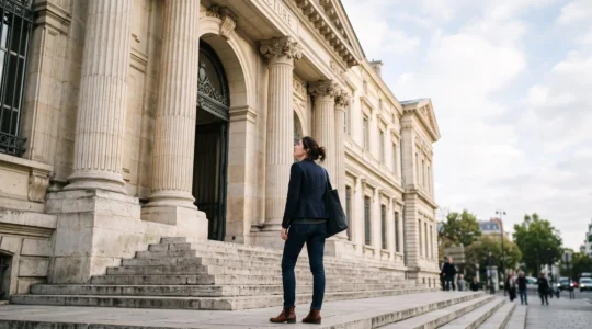 Un candidat confiant se tenant devant un batiment administratif francais avant de passer un concours de la fonction publique