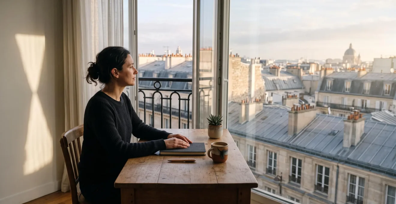 Personne concentree dans un appartement parisien lumineux, symbolisant la discipline et la progression dans une formation a distance