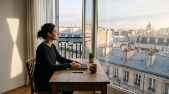 Personne concentree dans un appartement parisien lumineux, symbolisant la discipline et la progression dans une formation a distance