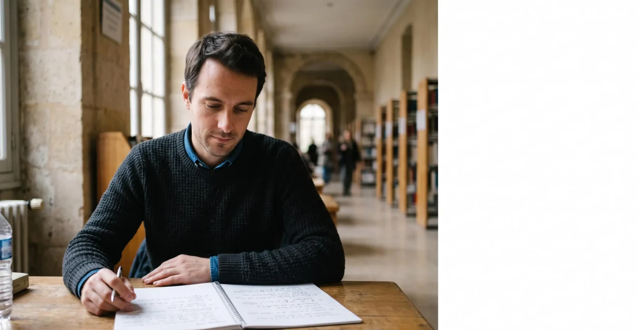 Adulte en reprise d'études révisant avec sérénité dans un cadre universitaire français, symbole de la réussite du DAEU