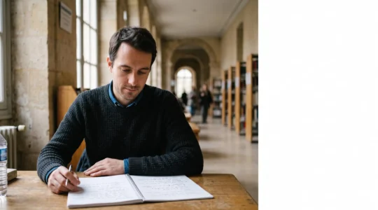 Adulte en reprise d'études révisant avec sérénité dans un cadre universitaire français, symbole de la réussite du DAEU