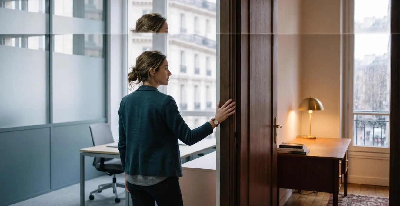 Un professionnel salarié en France trouve un équilibre entre son poste actuel et sa montée en compétences, symbolisé par une scène de transition lumineuse