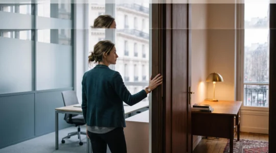 Un professionnel salarié en France trouve un équilibre entre son poste actuel et sa montée en compétences, symbolisé par une scène de transition lumineuse