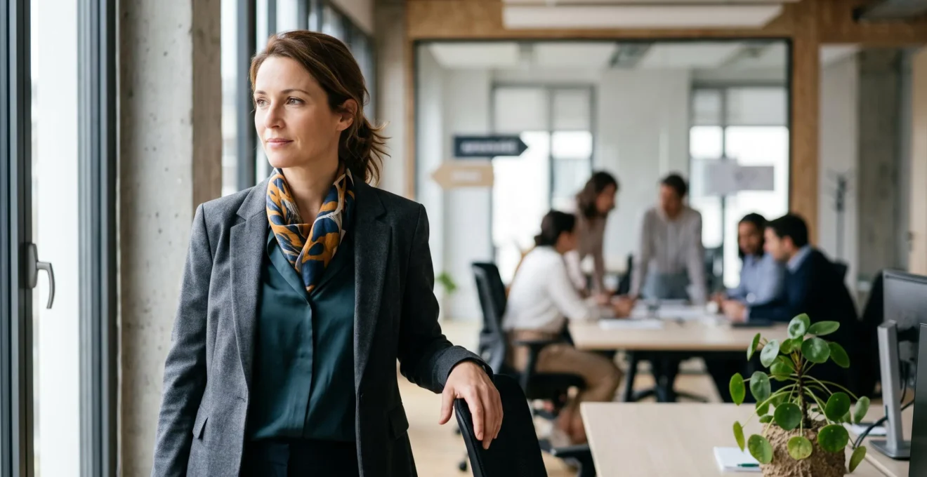 Un manager en pleine réflexion dans un bureau moderne, incarnant un style de leadership authentique et personnel