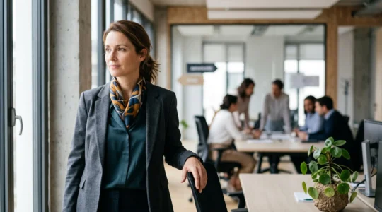 Un manager en pleine réflexion dans un bureau moderne, incarnant un style de leadership authentique et personnel