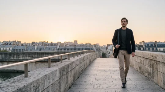 Silhouette d'un professionnel français traversant symboliquement plusieurs étapes de carrière dans un décor urbain épuré