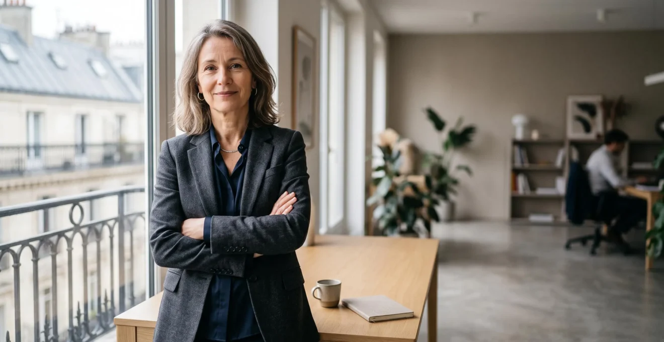 Portrait confiant d'un professionnel senior français dans un bureau moderne, symbolisant la valorisation de son expérience