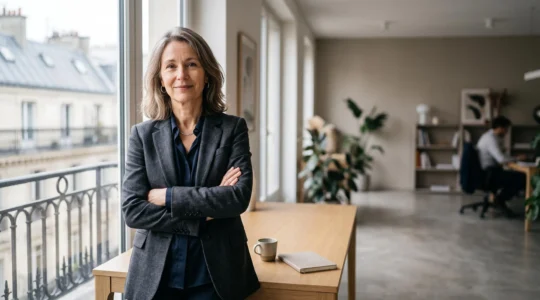 Portrait confiant d'un professionnel senior français dans un bureau moderne, symbolisant la valorisation de son expérience