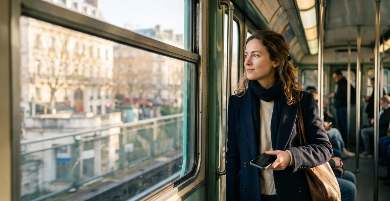 Jeune professionnelle apprenant sur smartphone pendant un trajet en métro parisien, illustrant le mobile learning