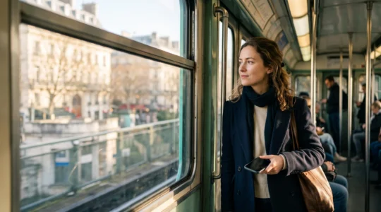 Jeune professionnelle apprenant sur smartphone pendant un trajet en métro parisien, illustrant le mobile learning