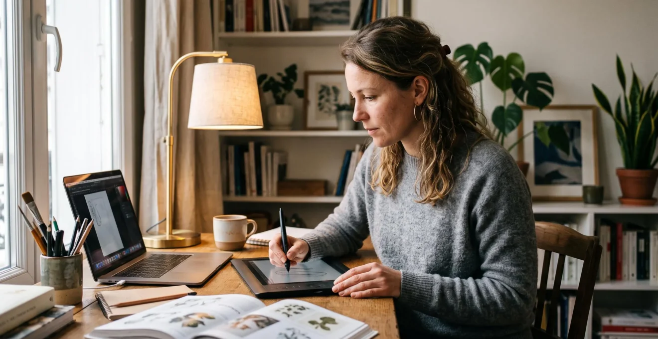 Adulte travaillant sur une tablette graphique à son bureau dans un espace de travail à domicile