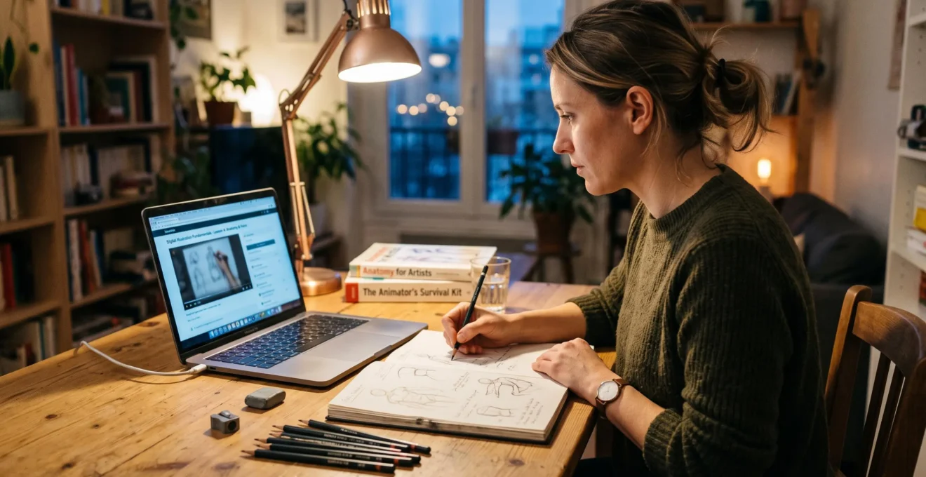 Poste de travail à domicile avec ordinateur et matériel de dessin pour formation en ligne