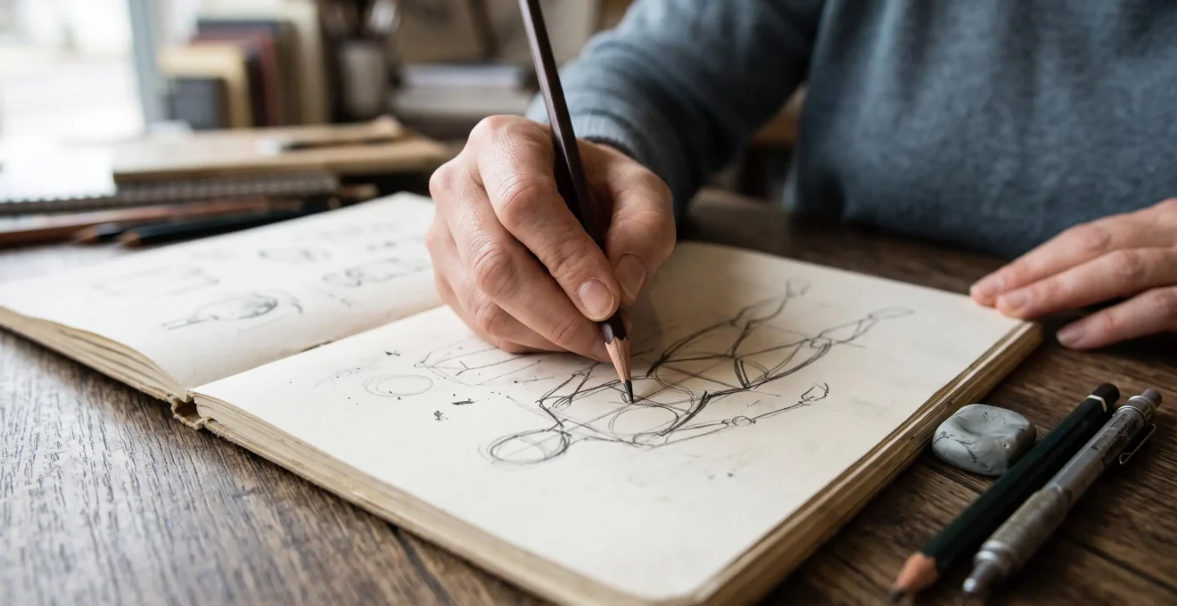 Main d'adulte dessinant dans un carnet de croquis avec un crayon graphite