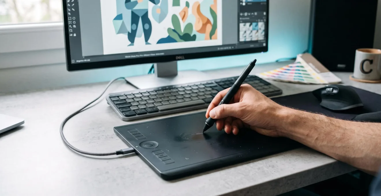 Main utilisant un stylet sur une tablette graphique professionnelle connectée à un écran